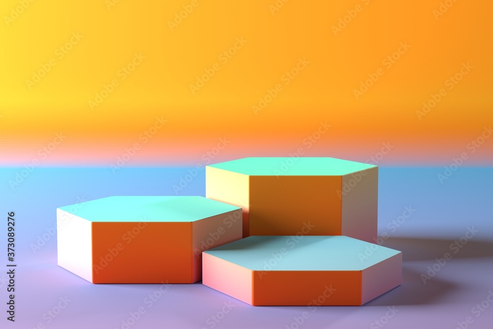 Poster blank product display mockup with hexagonal columns. colorful empty pedestals. 3d render / rendering