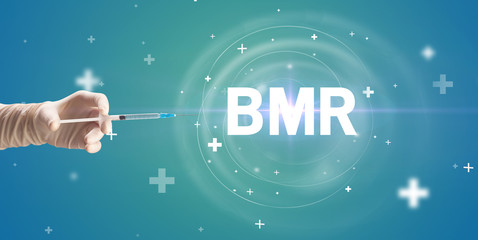 Syringe needle with virus vaccine and BMR abbreviation, antidote concept