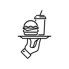 Hamburger or sandwich with coffee line icon. Vector on isolated white background. EPS 10