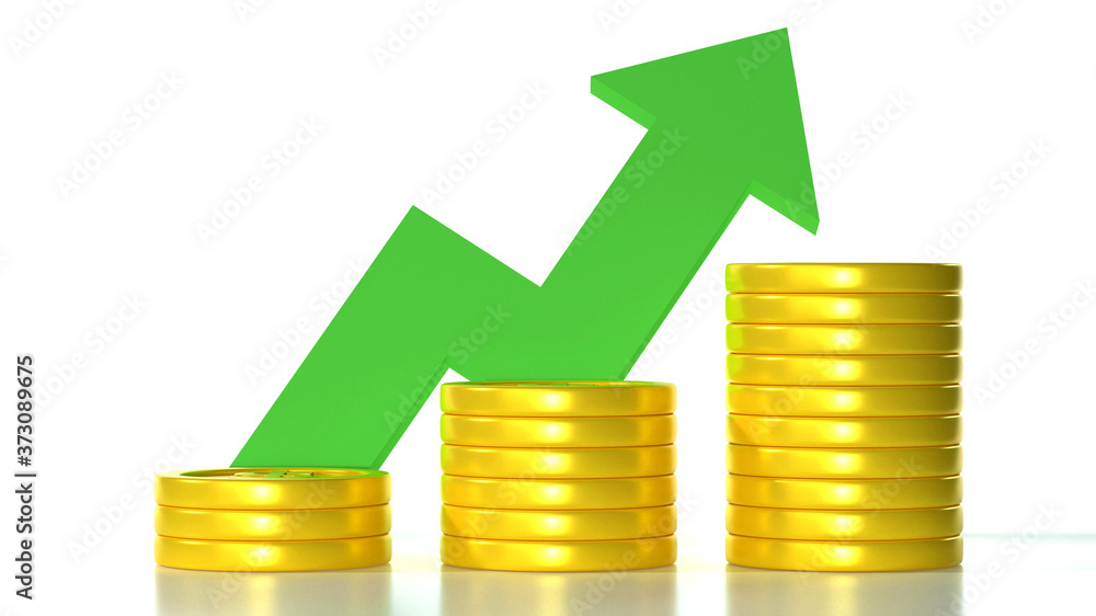 Poster 3d gold coin and arrow increase background. saving and growth money business finance concept. 3d ren