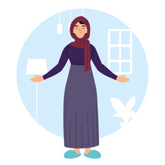 muslim woman cartoon in front of home room vector design