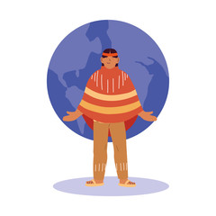 usa indian man cartoon in front of world sphere vector design