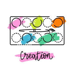 An icon with a bright palette for paints. Brush and paint. Vector illustration. Logo for the art studio. Hand lettering "Creation".