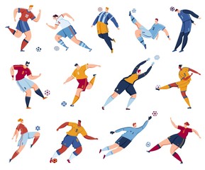 Fototapeta na wymiar Football soccer player vector illustration set. Cartoon flat man woman footballers, sportsman characters collection with athlete people jump high, kick ball, play sport game actions isolated on white