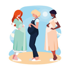 three pregnant women cartoons in front of sun and clouds vector design