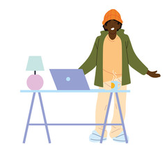 black man cartoon with laptop on desk vector design