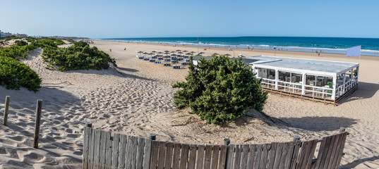 La Barrosa beach in Sancti Petri, Cádiz, with a large amount of sand without water as the tide is low © josevgluis
