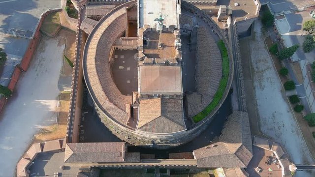 Aerial view of Castel Sant'Angelo (Castle of the Holy Angel), iconic mausoleum/fortress in Rome, bridge over river Tiber - cityscape panorama of capital city of Italy from above, Europe