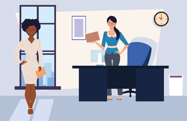 businesswomen cartoons with files at office vector design