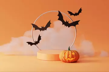 Muurstickers 3D pedestal podium with cloud smoke on orange background. Flying bat and   pumpkin with frame rim. Halloween Jack o lantern display showcase, product promotion. Abstract spooky 3D render illustration © kopikoo