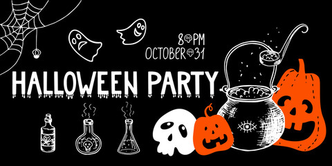 Horizontal halloween party web banner. Header featuring hand drawn orange pumpkins witchs cauldron potions spider webs skull and lettering. Stock vector illustration on black background.