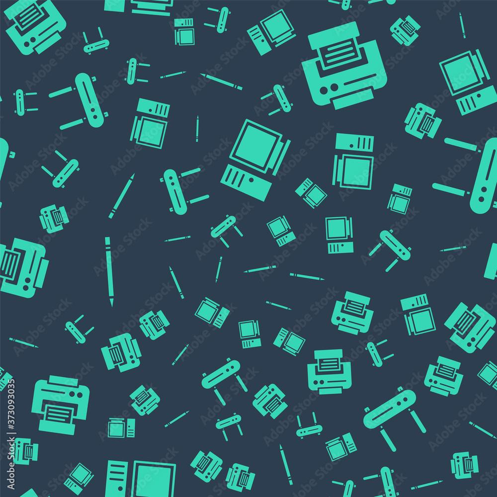 Poster set computer monitor, printer, pencil with eraser and router and wi-fi signal on seamless pattern. v