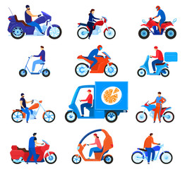 City transport motorbikes vector illustration set. Cartoon flat driver characters on bike collection with people riders driving motorcycle, electric scooter, vehicle transportation isolated on white