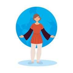 brown hair woman cartoon in front of world sphere vector design