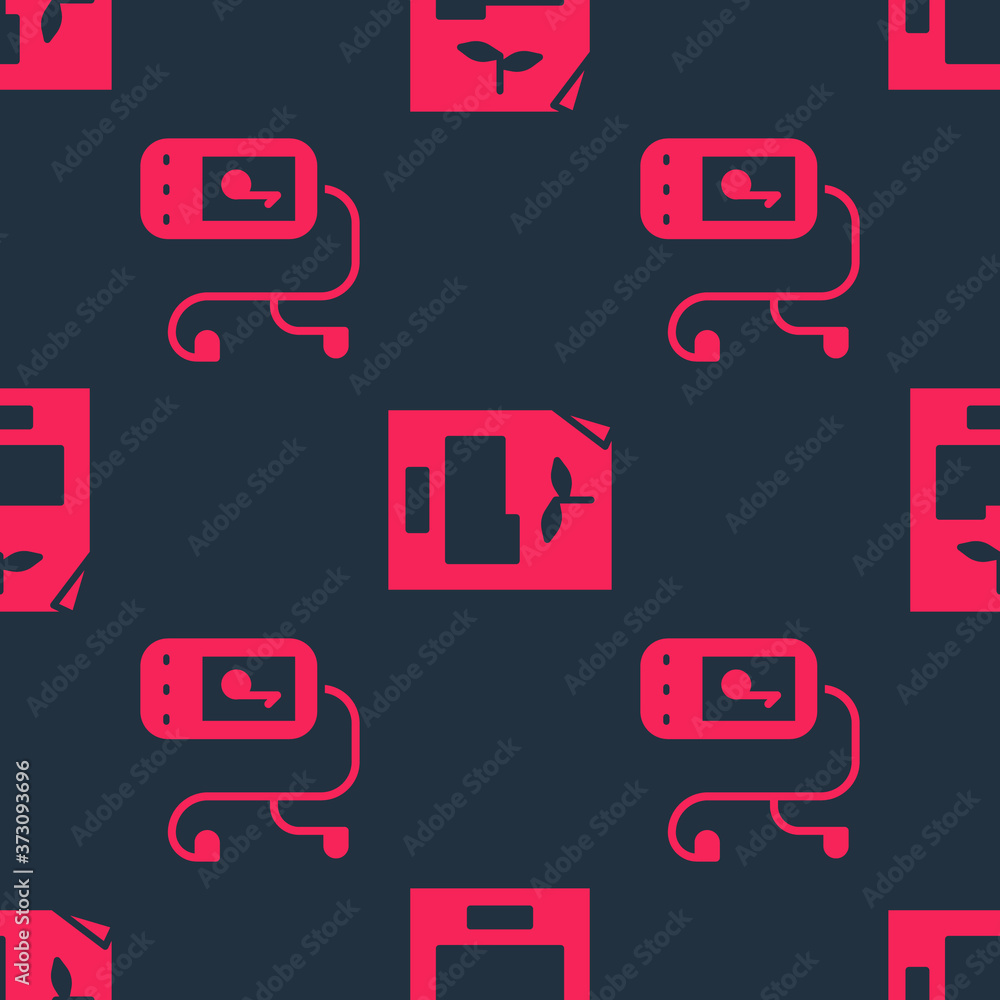 Poster set music player and leaf document on seamless pattern. vector.