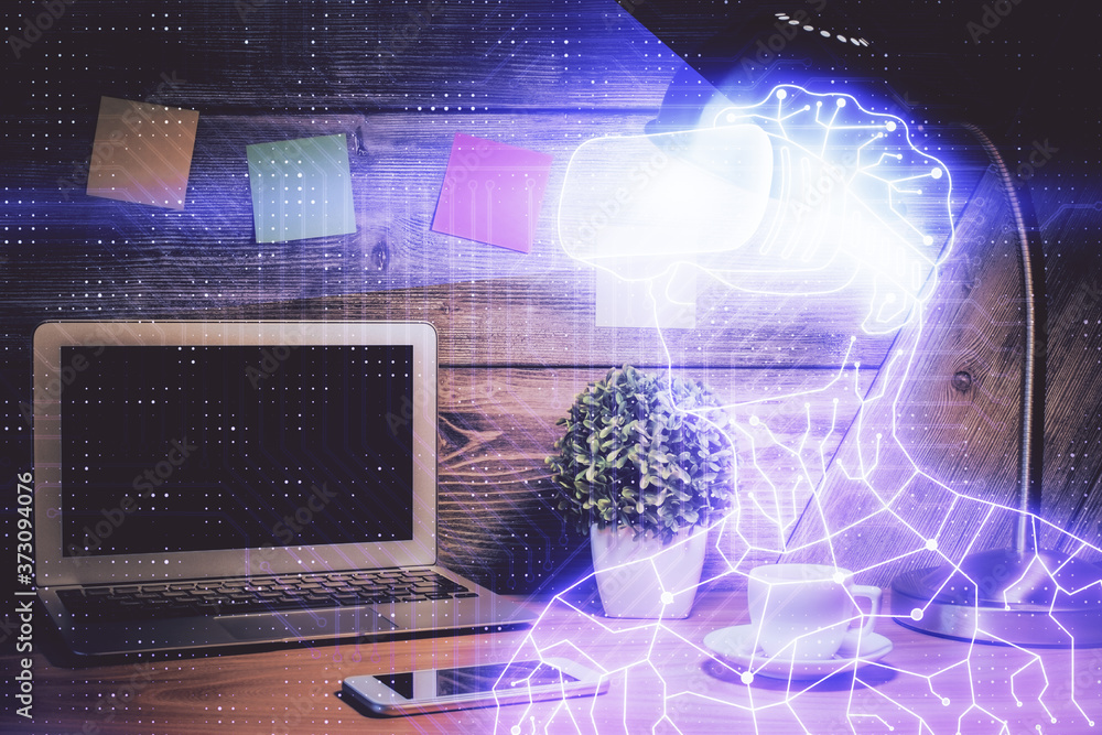 Poster computer on desktop with ar theme icon. multi exposure. concept of augmented reality.