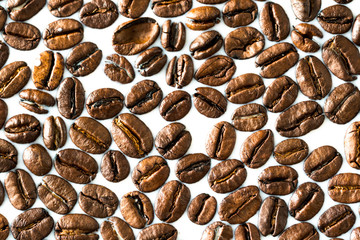 Roasted coffee beans on white milk background. Coffee beans in milk. Top view macro shot of...