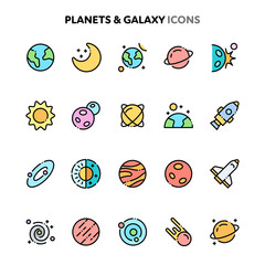Planets & Galaxy Icon Set. Linelo Color Series.