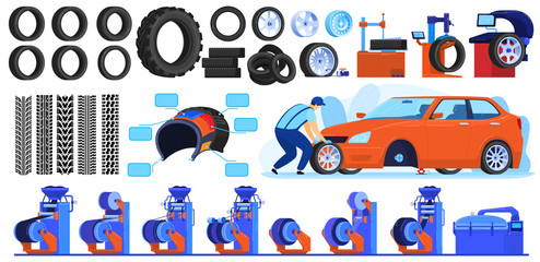 Auto car tire production vector illustrations. Cartoon flat automotive industry set with car tyre products, track traces, industrial equipment for manufacturing, wheel maintenance isolated on white