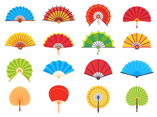 Fototapeta na wymiar Handheld fan. Chinese or japanese paper ancient traditional fans, personal accessories and souvenirs flat vector set. Asian colorful cooling or folding hand fans of different shape