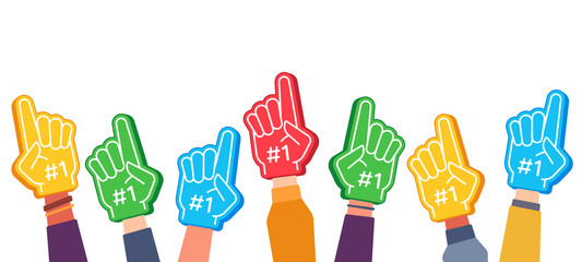 Fan foam fingers. Hands up with glove with number one, stadium supporter pride accessory, football victory symbol, success vector concept. Best sport team cheering, first place in competition
