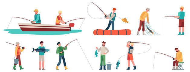 Fisherman. Fisher in boat with spinning, sportsman with fishing accessory and fish, catching fish sport and hobby, vector characters set. Men holding fish in net, bucket with water