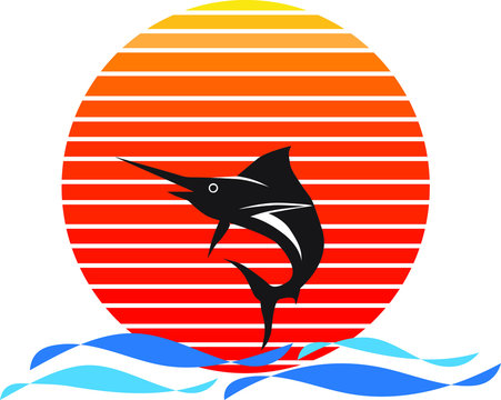 recommend clip art: Vector of blue marlin fish on sea and sunset in background. Sail fish jumping out of water company logo illustration design