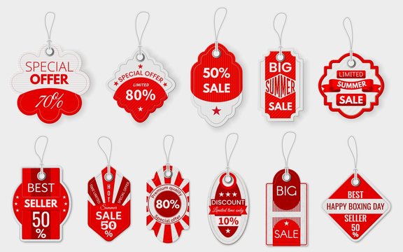 Red sale labels. Various paper discount price tags with ropes, shopping promotion pricing sign, special deal hanging label mockup vector set. Big summer sale, best seller, premium quality