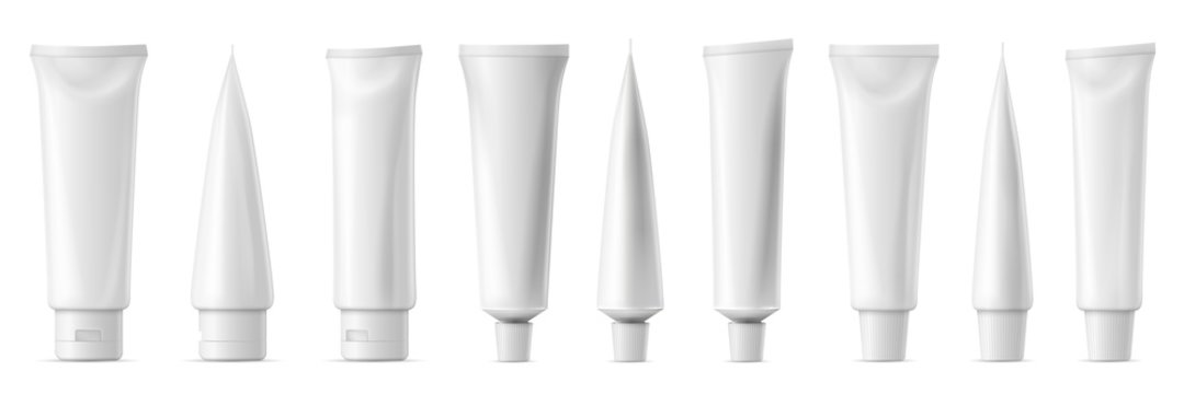 Realistic tube mockup. White plastic tuba for toothpaste, cream, gel and shampoo. Blank packaging front and side view vector mockup. Template for medicine or cosmetics set illustration