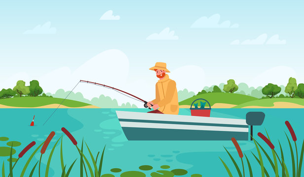 Fisherman fishing. Man in boat with fishing rod waiting nibble fish, relaxation hobby outdoor summer landscape cartoon vector concept. Male character having leisure on lake or pond