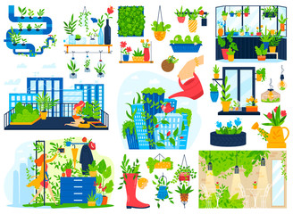 Flowers plants grow in house balcony garden vector illustration set. Cartoon flat urban home gardening collection with green decorative houseplants in pots, hand watering and planting potted greenery