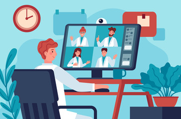 Medical video conference. Doctor in video chat with coworkers online consulting diagnosis covid 19. Virtual medical experts vector concept. Medical practitioners having call, distant work