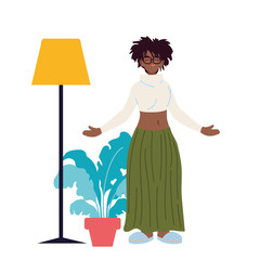black woman cartoon with plant and lamp vector design