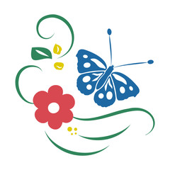 Colorful spring or summer decoration with flower and butterfly. Hand-drawn vector illustration isolated on white background. Beautiful decor, design element for fabric, print, web, app. 