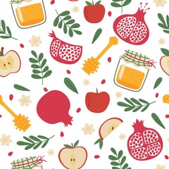 Shana tova seamless pattern. Jewish new year rosh hashanah, repeating tile. Holiday symbols pomegranate, apples and honey jar vector texture. Glass jar with honey dipper, fruit and plant leaves