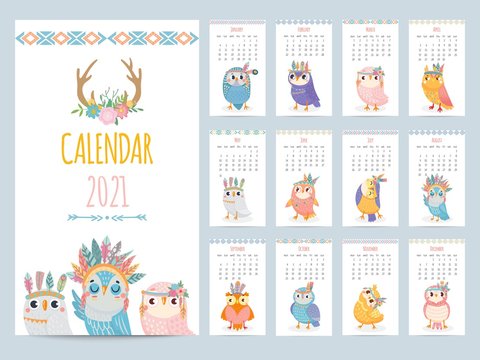 Owl calendar. Color gift 2021 calendar, ethnic owlet with tribals feathers. Cute christmas owls birds characters cartoon vector illustration. Adorable colorful animals for every month