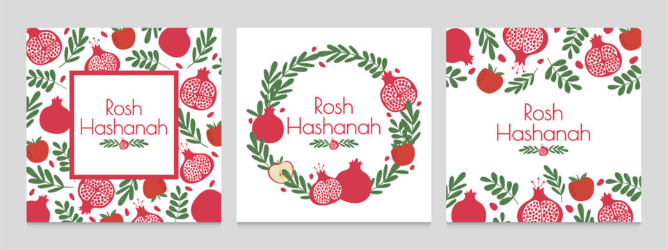 Rosh hashanah. Jewish new year greeting cards with pomegranate and apple. Judaism shana tova holiday vector backgrounds. Wreath with plant leaves and fruit. Festive event invitation set