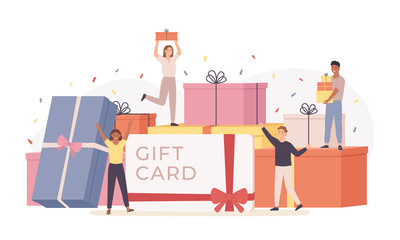 People with gift box. Giant gift boxes and group happy tiny men and women, gift card, discount coupon. Landing page template vector concept. Characters celebrating birthday or important event