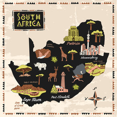 Illustrated map of South Africa. Set of national symbols and elements of architecture and culture © Stellar Bones
