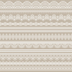 Lace seamless border. White cotton lace strips, embroidered decorative ornate eyelets pattern, horizontal textile stripe handmade vector set. Romantic style tracery for doily or scrapbook - obrazy, fototapety, plakaty