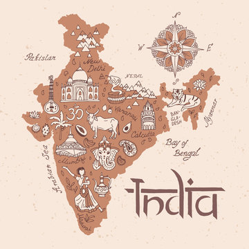 Illustrated map of India. Set of national symbols and elements of architecture and culture