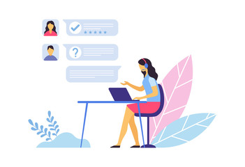Customer support. Call center operator sitting at desk with laptop and communication with clients in chat. Woman agent answering questions and requests, providing assistance vector illustration