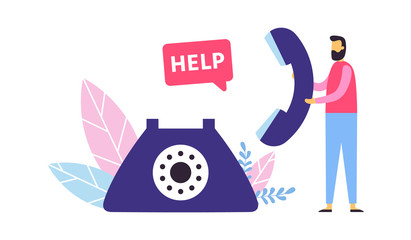 Customer support. Call center concept. Man operator holding landline to provide help to clients. Personal assistance and hotline agent. Communication and consulting vector illustration