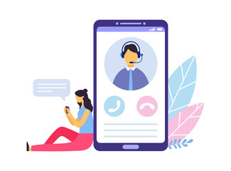 Customer support. Person advisor and helpful advice services. Woman sitting next to big smartphone and chatting with personal client assistant. Screen with operator in headset vector illustration