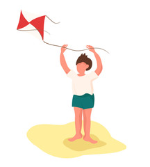 Little happy boy flying a kite on the beach. Stock vector flat color illustration with faceless male child character. Children sea vacation and kids beach activity. White isolated background.