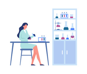 Science laboratory. Professional scientific research. Woman medical worker in uniform holding tubes and flasks and sitting at table, shelves with containers for experiments vector illustration
