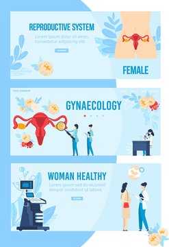Woman health, gynecology vector illustration set. Cartoon flat infographic banner collection of female reproductive system scheme, gynecologist doctor appointment, gynecological hospital healthcare