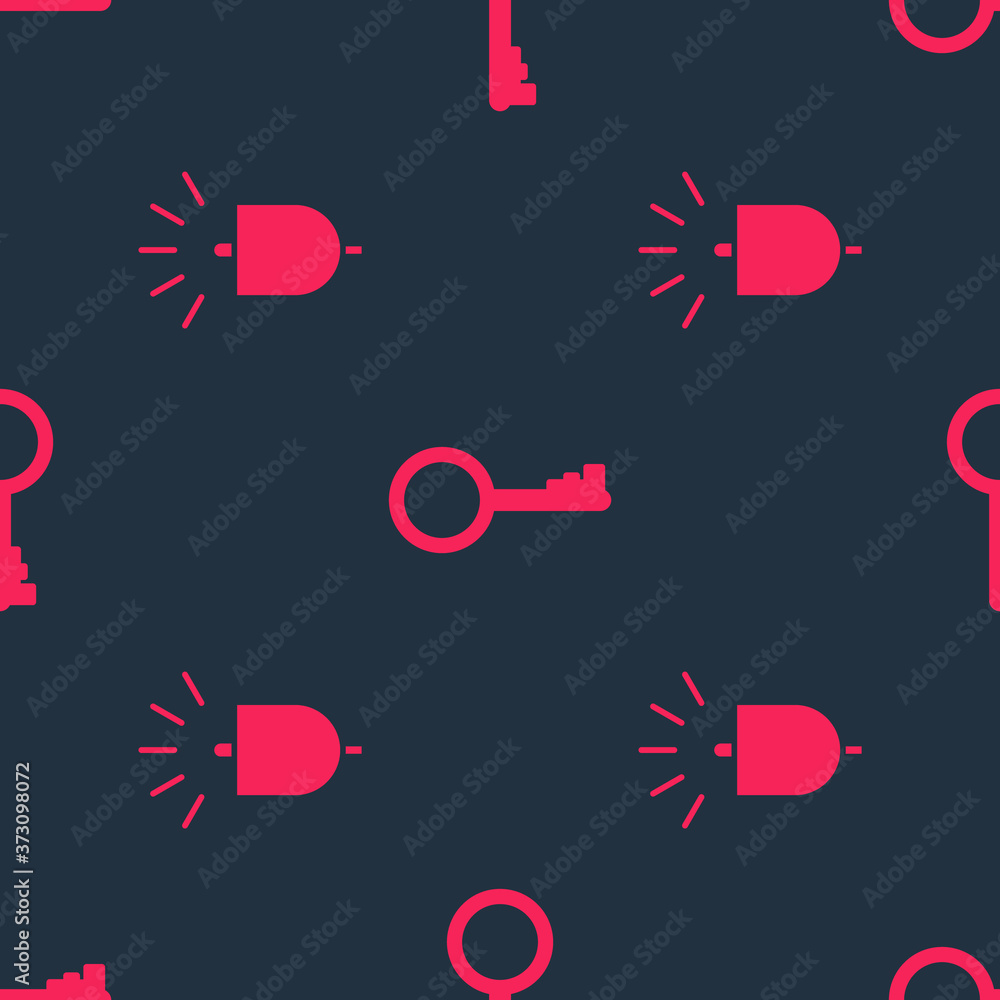 Poster set ringing alarm bell and old key on seamless pattern. vector.