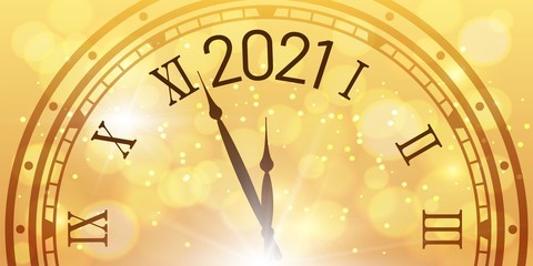 Naklejka na ściany i meble Shiny New Year poster. 2021 celebration, clock countdown with golden bokeh elements. Luxury design for xmas holiday greeting card. Antique clock with night party time vector illustration