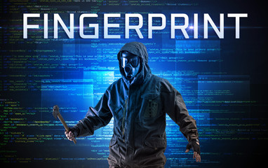 Faceless hacker with FINGERPRINT inscription on a binary code background